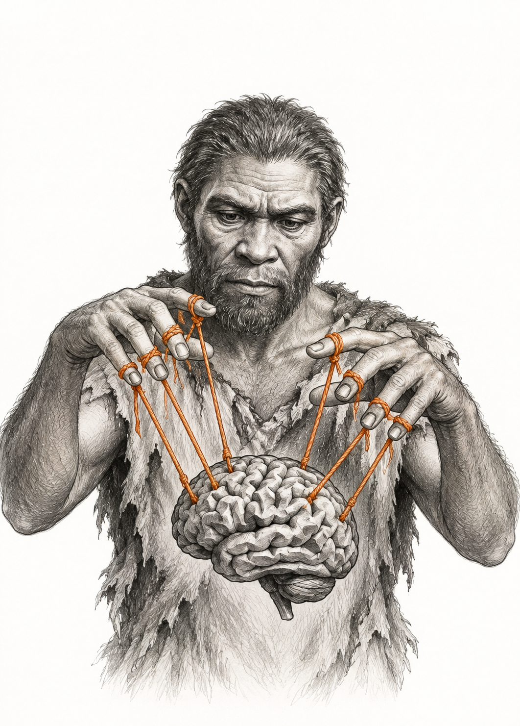 Figura ancestrale a matita, mani e cervello collegati da fili arancioni tesi